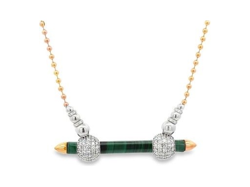 18K Rose Gold and White Gold Necklace with Malachite Bar and Pave-Set Natural Diamonds